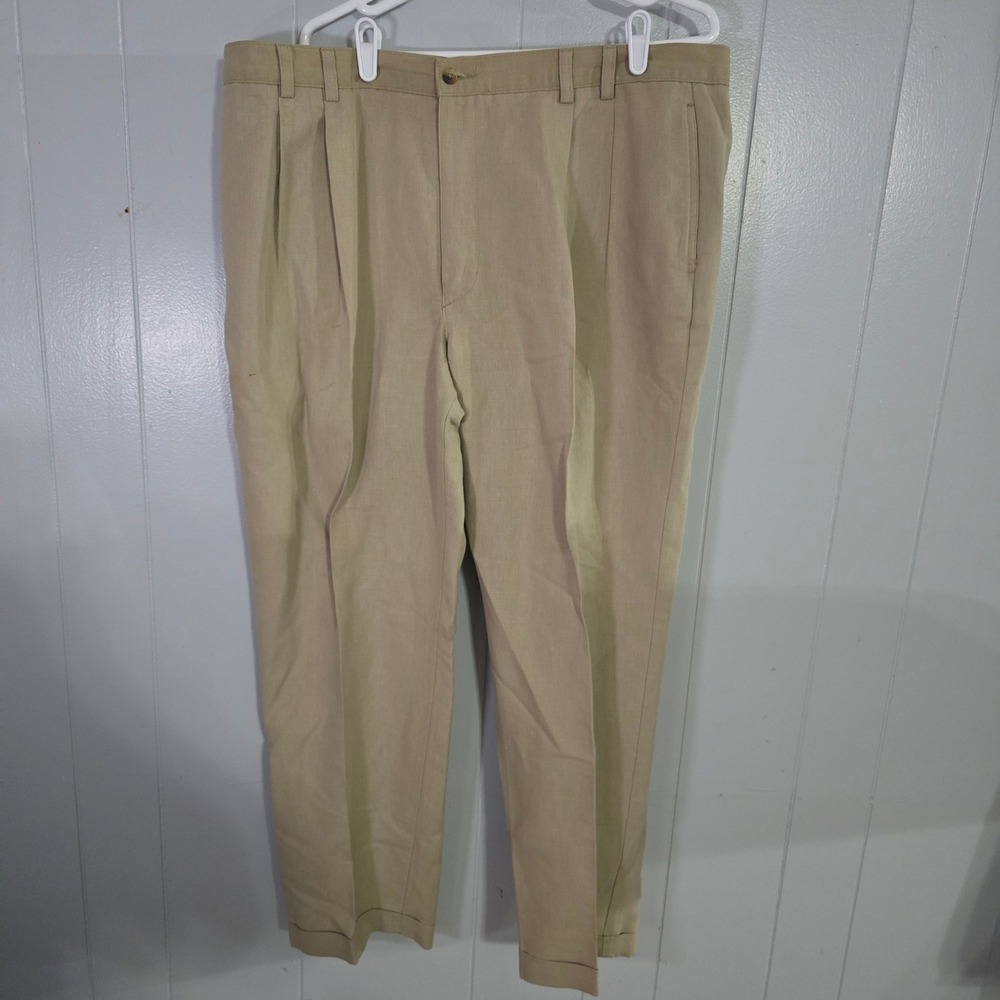 Jos. A. Bank Pleated Trousers Mens 42x30 Tan Linen Cotton Blend Cuffed‎ Khakis